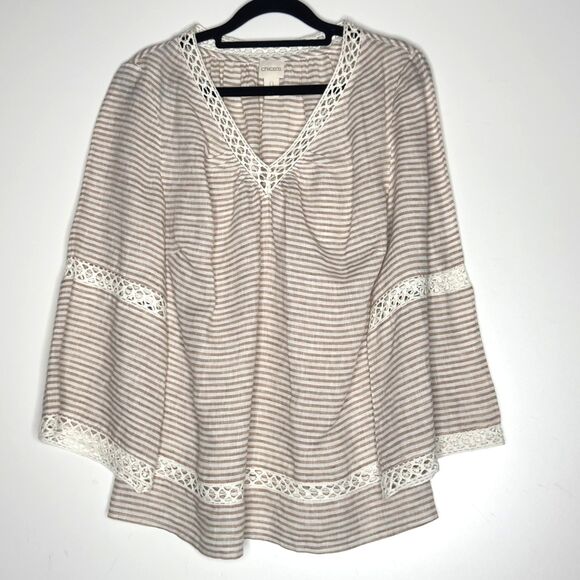 Chico's Stripe Linen Popover Lattice Blouse Women's Size Small (Chico's 0) - Picture 6 of 6
